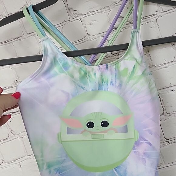 Girls 7/8 Star Wars Mandalorian Grogu Baby Yoda One-Piece Swimsuit Green Tie Dye - Picture 3 of 11